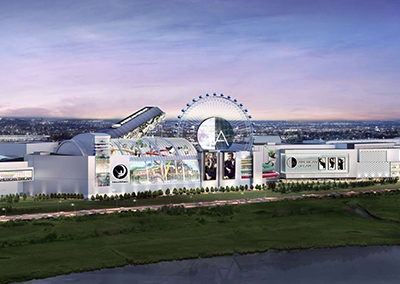Evening view of the American Dream Mall, a shopping and entertainment destination near The Station at Lyndhurst Apartments.
